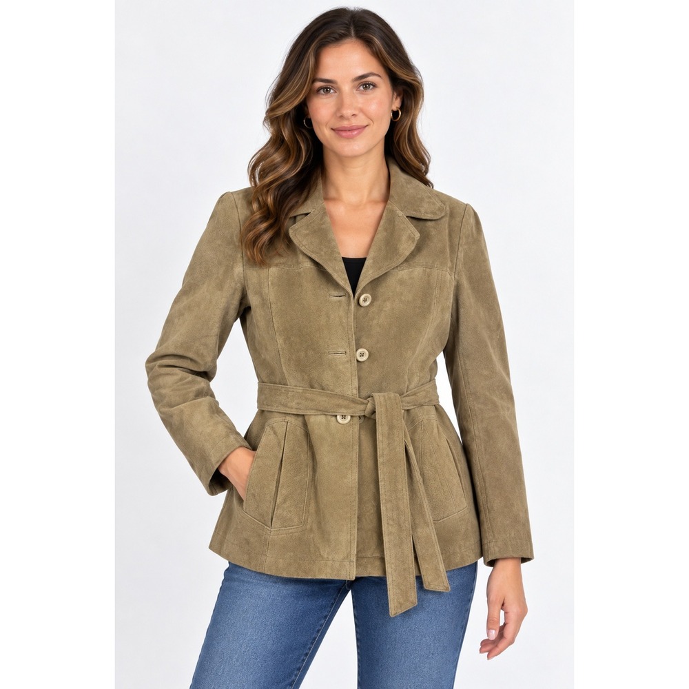 Vintage Marcelle Renee Womens M Tan Suede Leather Belted Jacket Y2K Coat